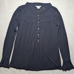 Boden Navy Modal Button Front Top Womens US 4 Long Sleeve Ruffle Cuff